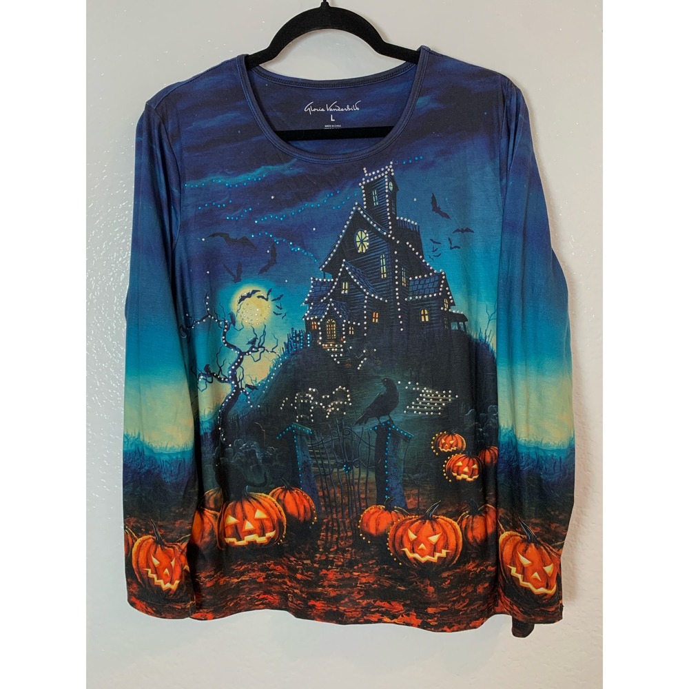 Gloria Vanderbilt Top Womens L Blue Halloween Haunted House Rhinestone Spooky